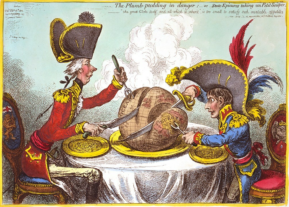 James Gillray - the Plum Pudding in danger, where Napoleon carves out Europe and Pitt takes America